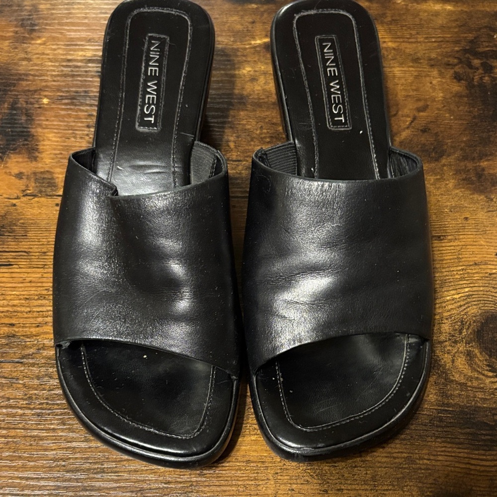 Nine West Black Leather Slide Mules